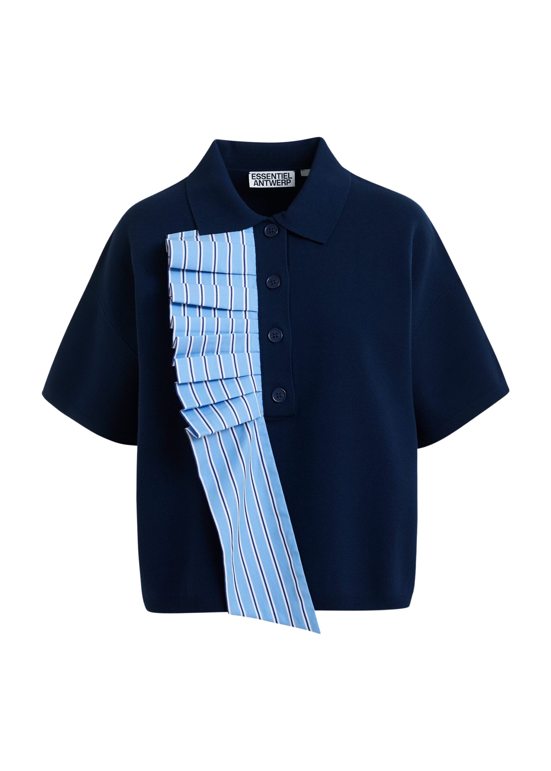 Essentiel Antwerp Navy and light blue ruffle fine-knit polo top - Essentiel Antwerp Tops - Colorful Belgian Design - Shop at Coveti