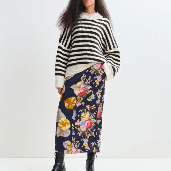 Essentiel Antwerp Navy and multicolor dual floral print maxi skirt - Essentiel Antwerp Skirts - Colorful Belgian Design - Shop at Coveti