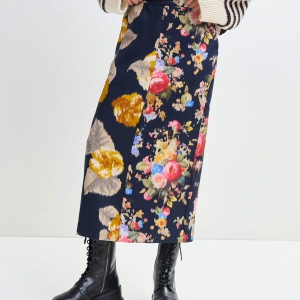 Essentiel Antwerp Navy and multicolor dual floral print maxi skirt - Essentiel Antwerp Skirts - Colorful Belgian Design - Shop at Coveti