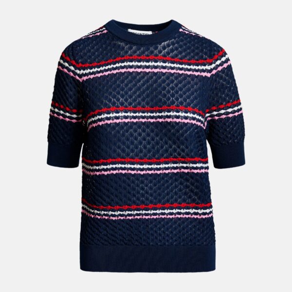 Essentiel Antwerp Navy and multicolor striped honeycomb knit polo with rhinestone-embellished detachable collar - Essentiel Antwerp Tops - Colorful Belgian Design - Shop at Coveti