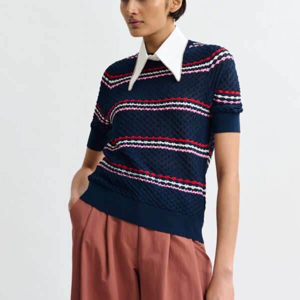 Essentiel Antwerp Navy and multicolor striped honeycomb knit polo with rhinestone-embellished detachable collar - Essentiel Antwerp Tops - Colorful Belgian Design - Shop at Coveti