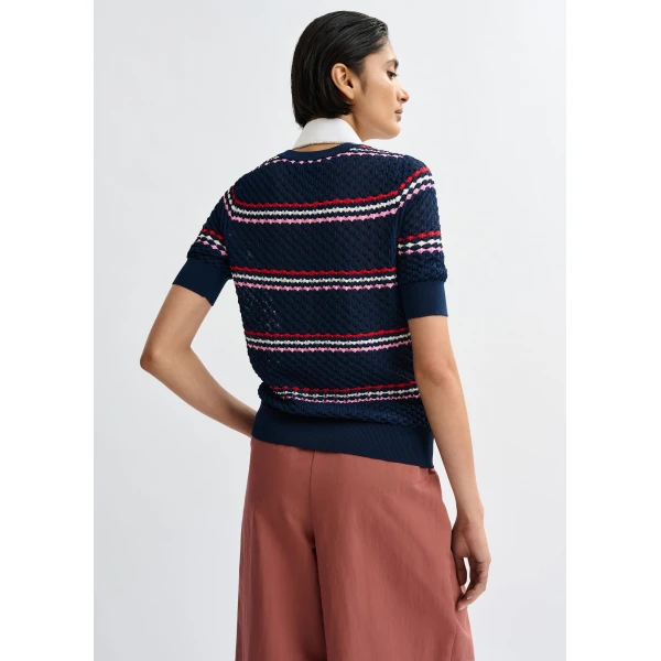 Essentiel Antwerp Navy and multicolor striped honeycomb knit polo with rhinestone-embellished detachable collar, view 5