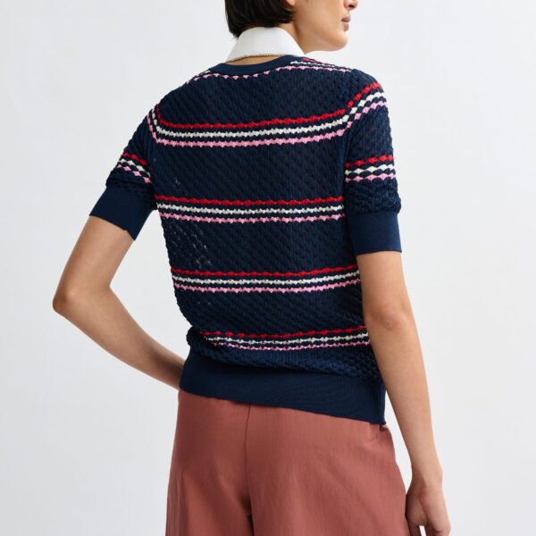 Essentiel Antwerp Navy and multicolor striped honeycomb knit polo with rhinestone-embellished detachable collar - Essentiel Antwerp Tops - Colorful Belgian Design - Shop at Coveti