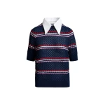 Essentiel Antwerp Navy and multicolor striped honeycomb knit polo with rhinestone-embellished detachable collar - Essentiel Antwerp Tops - Colorful Belgian Design - Shop at Coveti