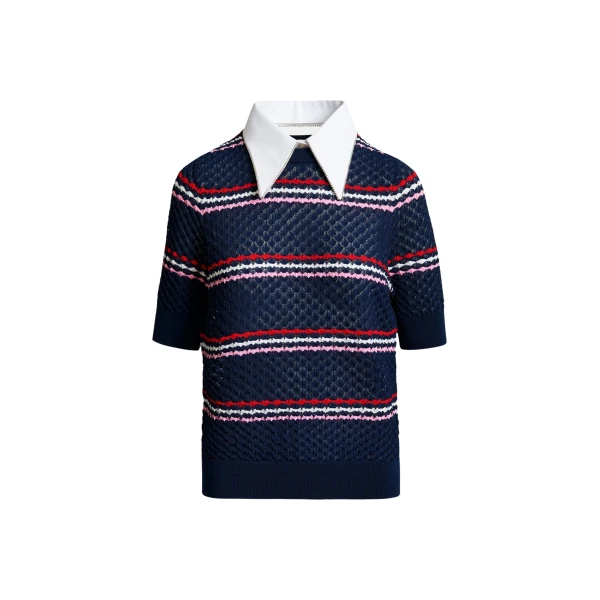 Essentiel Antwerp Navy and multicolor striped honeycomb knit polo with rhinestone-embellished detachable collar - Essentiel Antwerp Tops - Colorful Belgian Design - Shop at Coveti