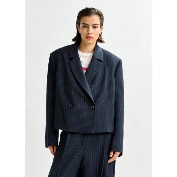 Essentiel Antwerp Navy and white pinstripe cropped blazer, view 2