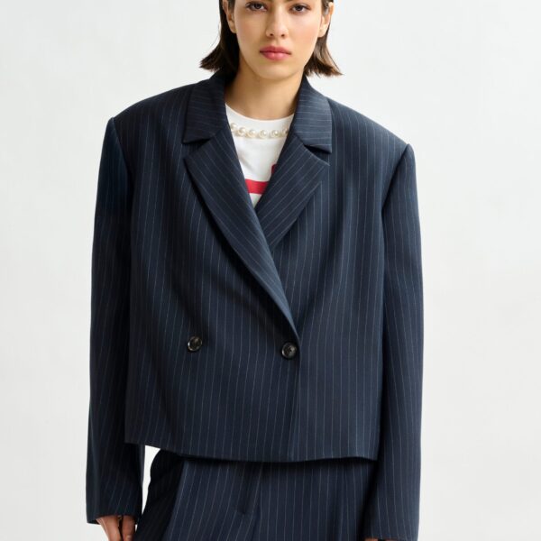 Essentiel Antwerp Navy and white pinstripe cropped blazer - Essentiel Antwerp Jackets - Colorful Belgian Design - Shop at Coveti