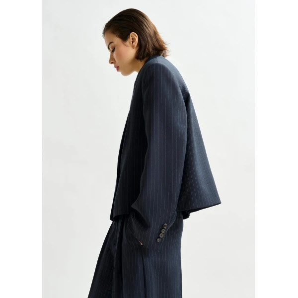 Essentiel Antwerp Navy and white pinstripe cropped blazer, view 3