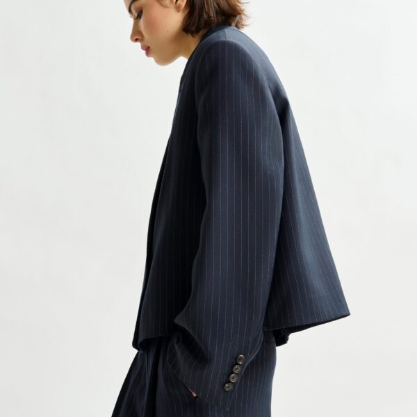 Essentiel Antwerp Navy and white pinstripe cropped blazer - Essentiel Antwerp Jackets - Colorful Belgian Design - Shop at Coveti