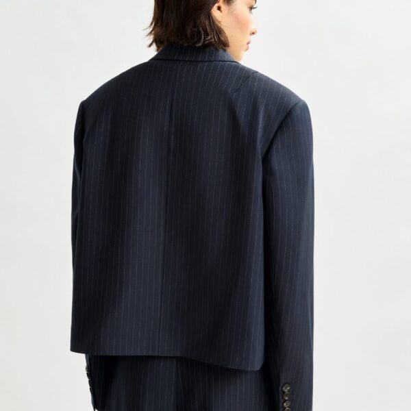 Essentiel Antwerp Navy and white pinstripe cropped blazer - Essentiel Antwerp Jackets - Colorful Belgian Design - Shop at Coveti