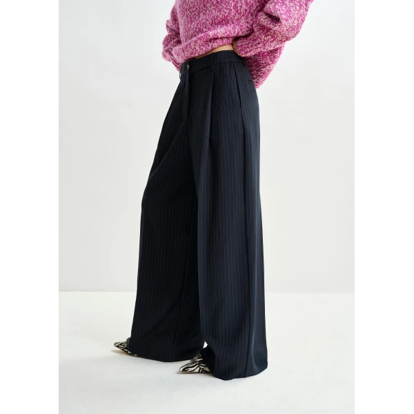 Essentiel Antwerp Navy and white pinstripe wide-leg pants, view 3