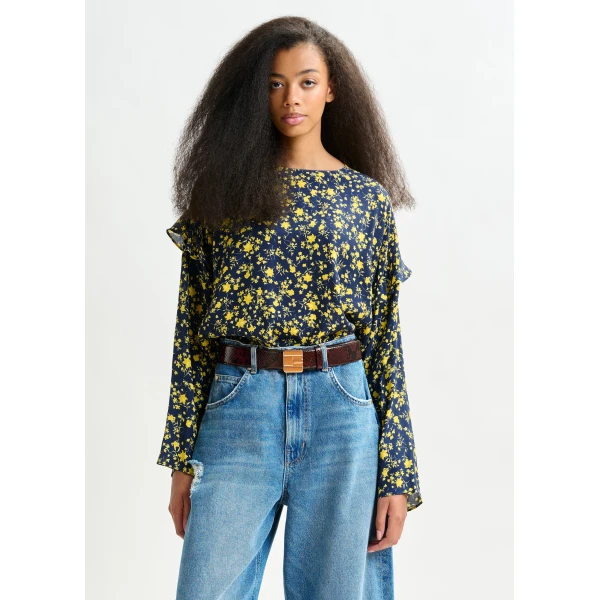 Essentiel Antwerp Navy and yellow floral print top with ruffle detail, view 2