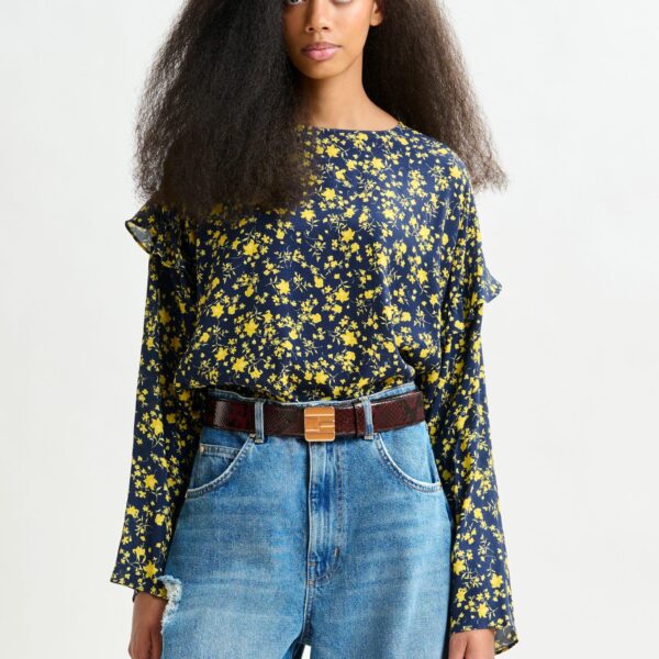 Essentiel Antwerp Navy and yellow floral print top with ruffle detail - Essentiel Antwerp Tops - Colorful Belgian Design - Shop at Coveti