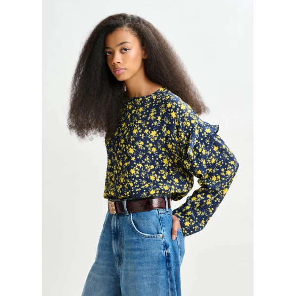 Essentiel Antwerp Navy and yellow floral print top with ruffle detail, view 3