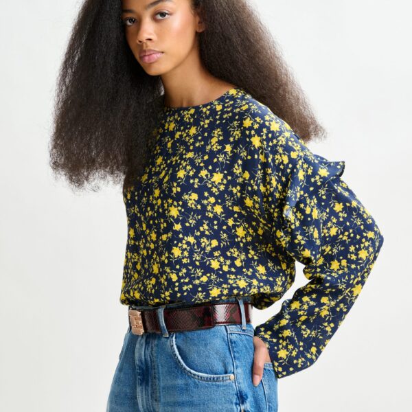 Essentiel Antwerp Navy and yellow floral print top with ruffle detail - Essentiel Antwerp Tops - Colorful Belgian Design - Shop at Coveti
