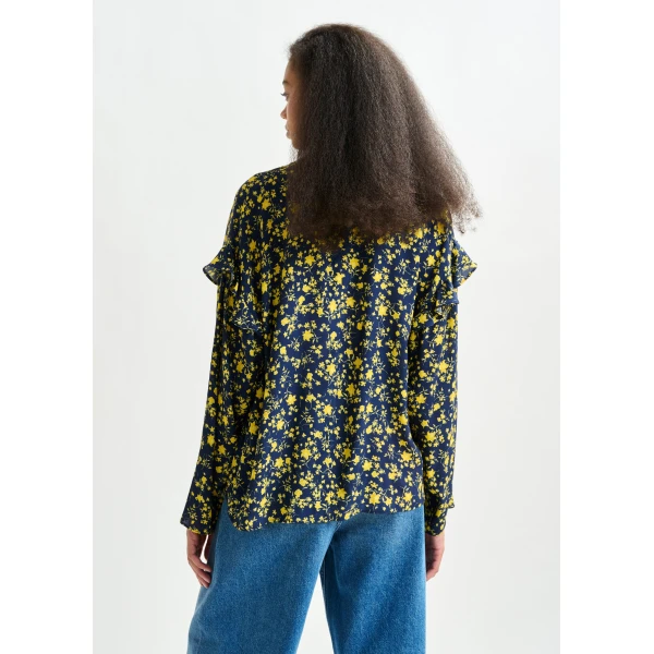 Essentiel Antwerp Navy and yellow floral print top with ruffle detail, view 4