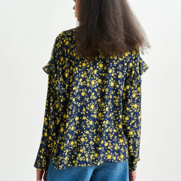 Essentiel Antwerp Navy and yellow floral print top with ruffle detail - Essentiel Antwerp Tops - Colorful Belgian Design - Shop at Coveti