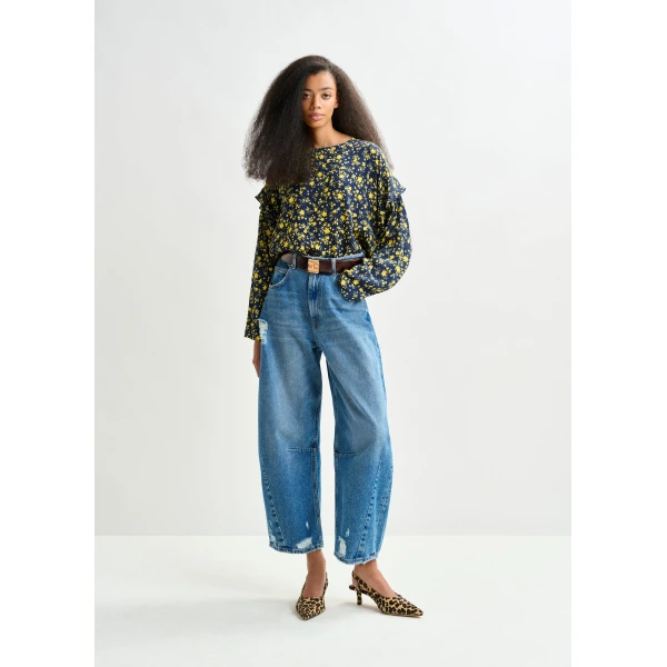 Essentiel Antwerp Navy and yellow floral print top with ruffle detail, view 5