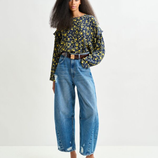 Essentiel Antwerp Navy and yellow floral print top with ruffle detail - Essentiel Antwerp Tops - Colorful Belgian Design - Shop at Coveti
