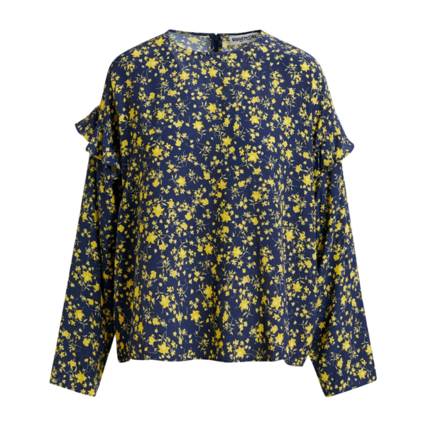 Essentiel Antwerp Navy and yellow floral print top with ruffle detail - Essentiel Antwerp Tops - Colorful Belgian Design - Shop at Coveti