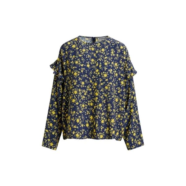Essentiel Antwerp Navy and yellow floral print top with ruffle detail - Essentiel Antwerp Tops - Colorful Belgian Design - Shop at Coveti