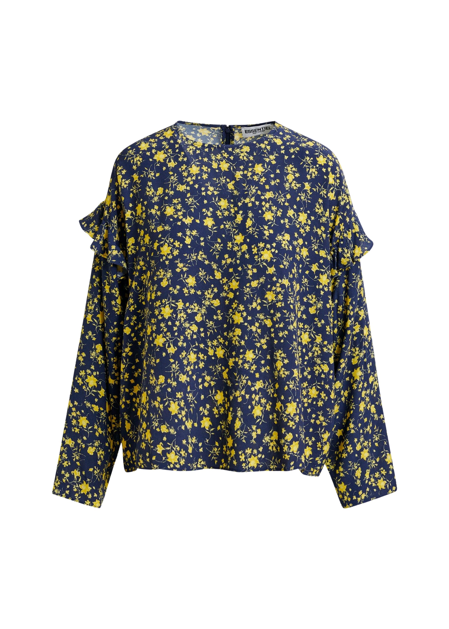 Essentiel Antwerp Navy and yellow floral print top with ruffle detail - Essentiel Antwerp Tops - Colorful Belgian Design - Shop at Coveti