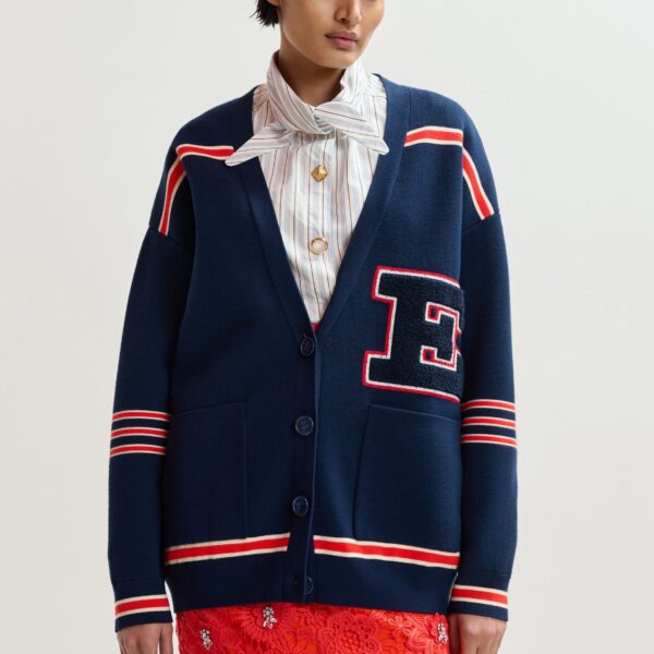 Essentiel Antwerp Navy appliquéd cardigan with red stripes - Essentiel Antwerp Knitwear - Colorful Belgian Design - Shop at Coveti