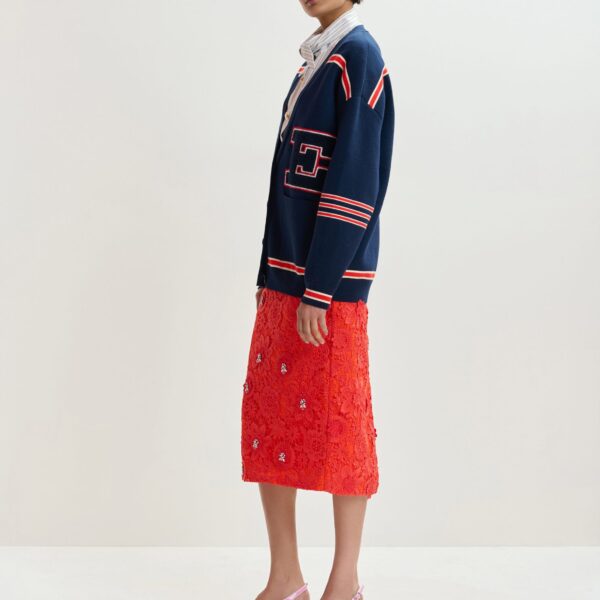 Essentiel Antwerp Navy appliquéd cardigan with red stripes - Essentiel Antwerp Knitwear - Colorful Belgian Design - Shop at Coveti