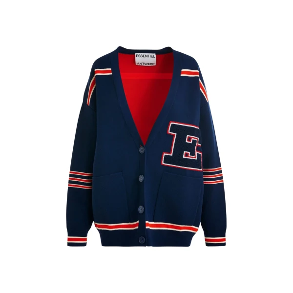 Essentiel Antwerp Navy appliquéd cardigan with red stripes - Essentiel Antwerp Knitwear - Colorful Belgian Design - Shop at Coveti