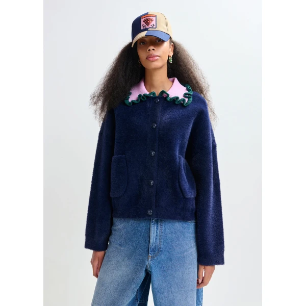 Essentiel Antwerp Navy cardigan with contrasting purple and dark green ruffle collar, view 2