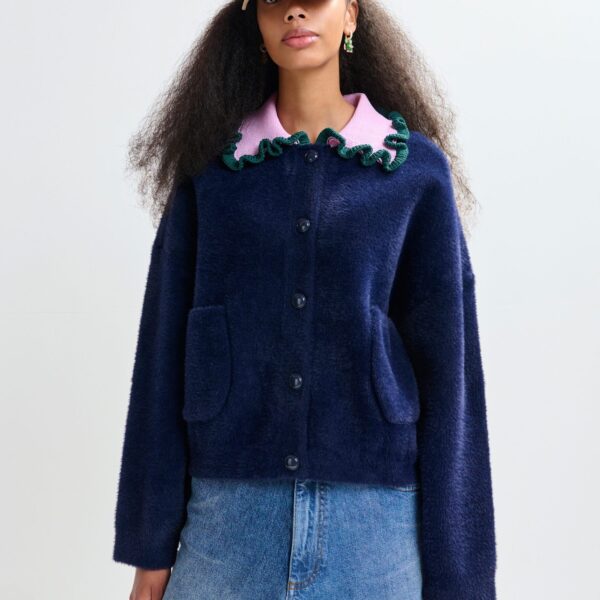 Essentiel Antwerp Navy cardigan with contrasting purple and dark green ruffle collar - Essentiel Antwerp Knitwear - Colorful Belgian Design - Shop at Coveti