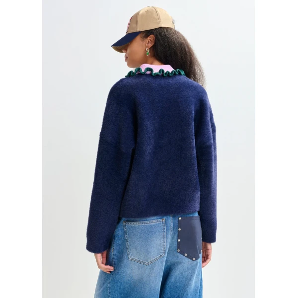 Essentiel Antwerp Navy cardigan with contrasting purple and dark green ruffle collar, view 3