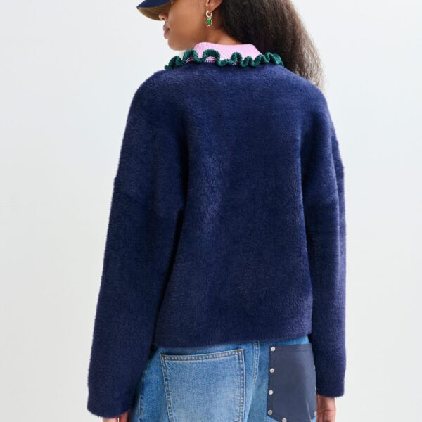 Essentiel Antwerp Navy cardigan with contrasting purple and dark green ruffle collar - Essentiel Antwerp Knitwear - Colorful Belgian Design - Shop at Coveti