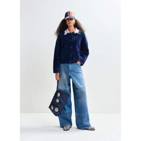 Essentiel Antwerp Navy cardigan with contrasting purple and dark green ruffle collar, view 4