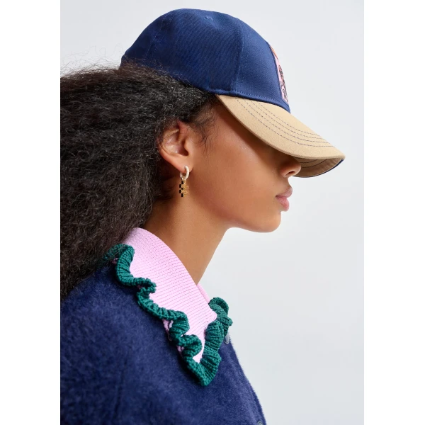 Essentiel Antwerp Navy cardigan with contrasting purple and dark green ruffle collar, view 5