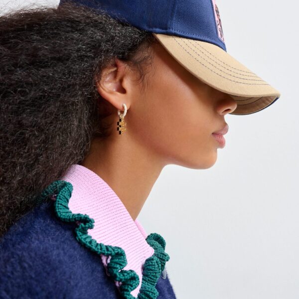 Essentiel Antwerp Navy cardigan with contrasting purple and dark green ruffle collar - Essentiel Antwerp Knitwear - Colorful Belgian Design - Shop at Coveti