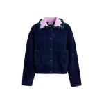 Essentiel Antwerp Navy cardigan with contrasting purple and dark green ruffle collar - Essentiel Antwerp Knitwear - Colorful Belgian Design - Shop at Coveti