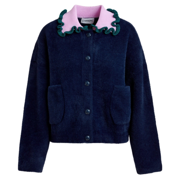 Essentiel Antwerp Navy cardigan with contrasting purple and dark green ruffle collar - Essentiel Antwerp Knitwear - Colorful Belgian Design - Shop at Coveti