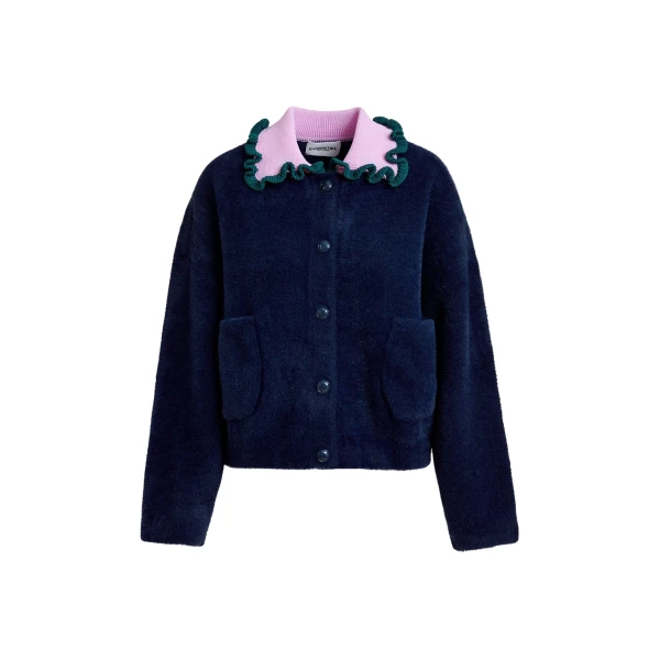 Essentiel Antwerp Navy cardigan with contrasting purple and dark green ruffle collar - Essentiel Antwerp Knitwear - Colorful Belgian Design - Shop at Coveti