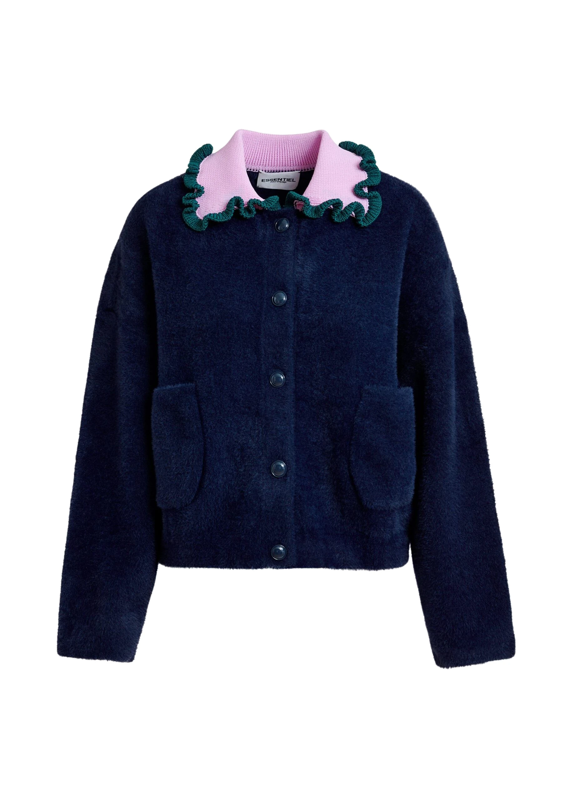 Navy-cardigan-with-contrasting-purple-and-dark-green-ruffle-collar-Essentiel-Antwerp-Knitwear-scaled16442_nobg Essentiel Antwerp Navy cardigan with contrasting purple and dark green ruffle collar - Essentiel Antwerp Knitwear - Colorful Belgian Design - Shop at Coveti