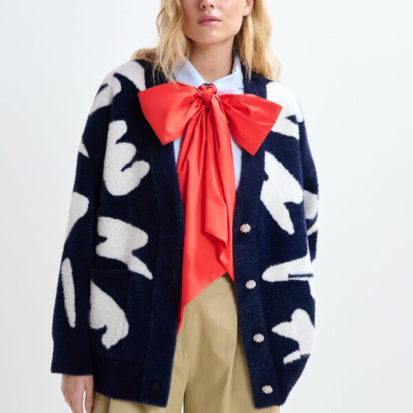 Essentiel Antwerp Navy cardigan with white letter print and rhinestone buttons - Essentiel Antwerp Knitwear - Colorful Belgian Design - Shop at Coveti