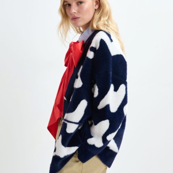 Essentiel Antwerp Navy cardigan with white letter print and rhinestone buttons - Essentiel Antwerp Knitwear - Colorful Belgian Design - Shop at Coveti