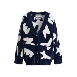Essentiel Antwerp Navy cardigan with white letter print and rhinestone buttons - Essentiel Antwerp Knitwear - Colorful Belgian Design - Shop at Coveti