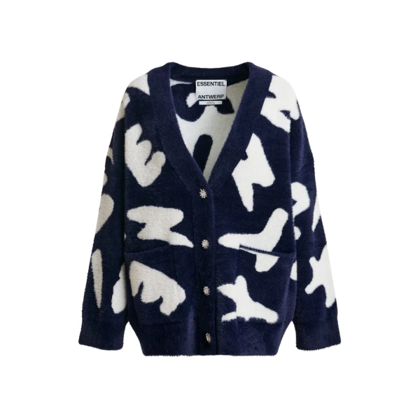 Essentiel Antwerp Navy cardigan with white letter print and rhinestone buttons - Essentiel Antwerp Knitwear - Colorful Belgian Design - Shop at Coveti