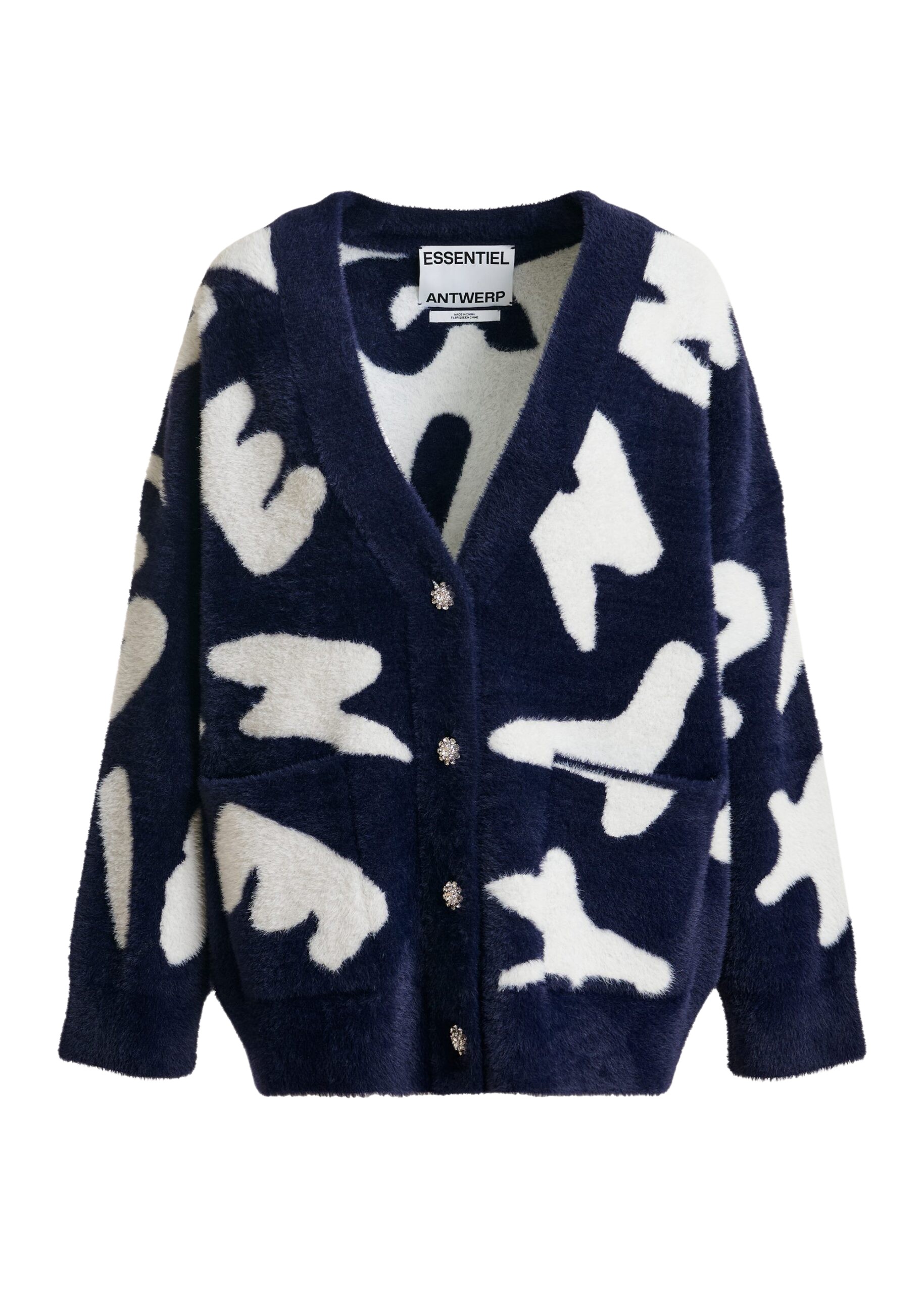 Essentiel Antwerp Navy cardigan with white letter print and rhinestone buttons - Essentiel Antwerp Knitwear - Colorful Belgian Design - Shop at Coveti