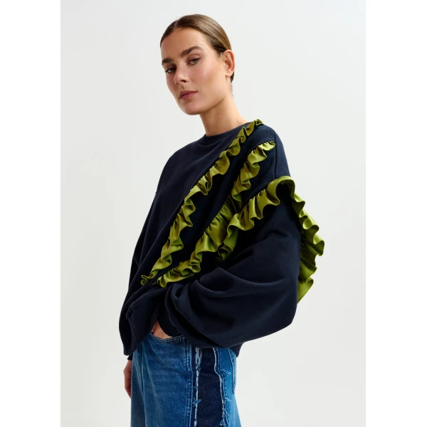 Essentiel Antwerp Navy cotton-blend sweatshirt with ruffle details Top, view 2