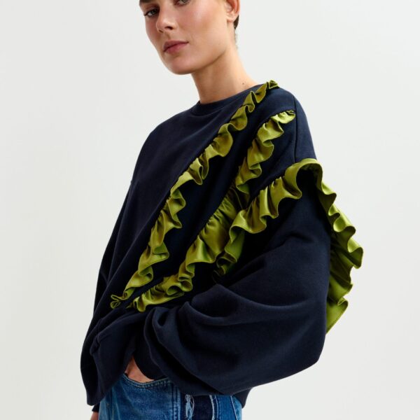 Essentiel Antwerp Navy cotton-blend sweatshirt with ruffle details - Essentiel Antwerp Shirts - Colorful Belgian Design - Shop at Coveti
