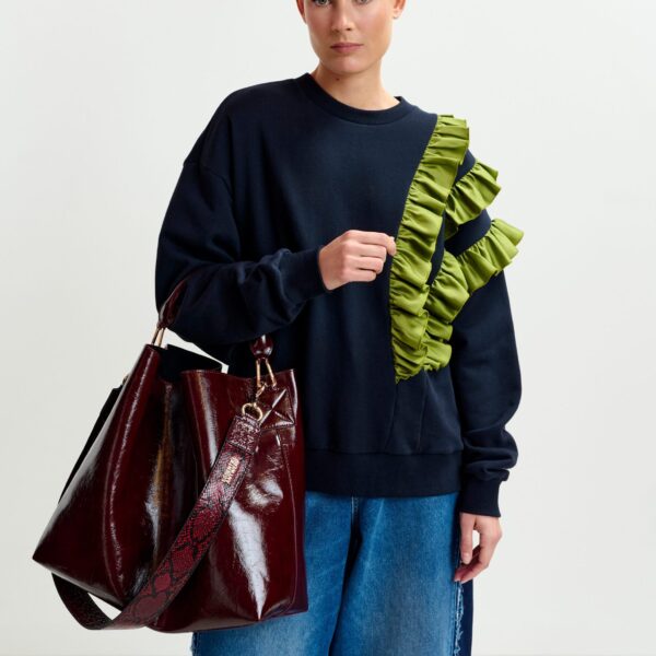 Essentiel Antwerp Navy cotton-blend sweatshirt with ruffle details - Essentiel Antwerp Shirts - Colorful Belgian Design - Shop at Coveti