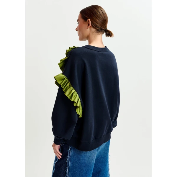Essentiel Antwerp Navy cotton-blend sweatshirt with ruffle details Top, view 4