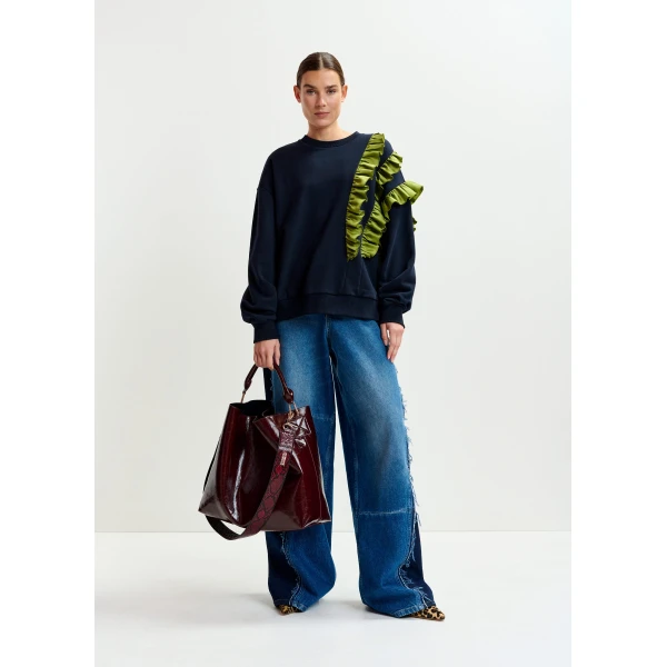 Essentiel Antwerp Navy cotton-blend sweatshirt with ruffle details Top, view 5